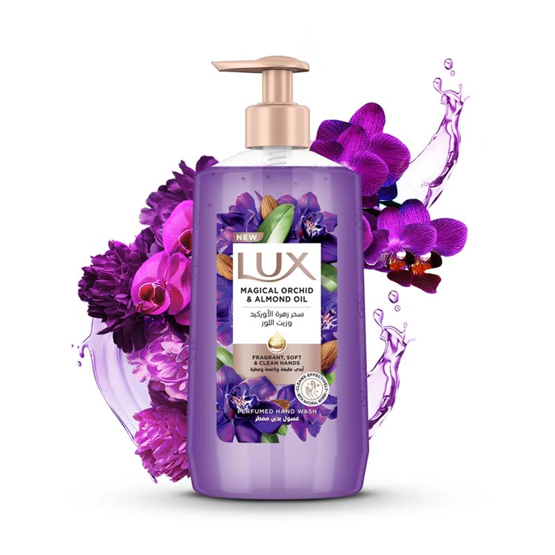 غسول يدين معطر لوكس بزيت اللوز وسحر زهرة الاوركيد – تركيبة فاخرة تمنح اليدين نعومة وعطراً آسراً، عبوة 500 مل