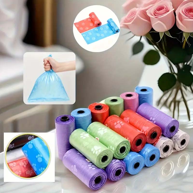 اكياس نفايات متعددة الاستعمالات مع علبة حفظ وتعليق بشكل عملي | 5 لفائف اكياس ملونة برسومات لطيفة مع علبة بلاستيكية مزودة بخطاف