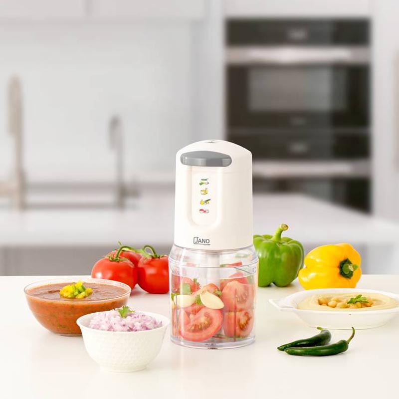 قطاعة خضار وفواكه جانو إيما بقوة 300 واط، مزودة بوعاء بلاستيكي سعة 500 مل وشفرات من الاستانلس ستيل المقاوم للصدأ، بسرعتين للتقطيع والتحكم، مع ضمان سنتين – صناعة صينية.