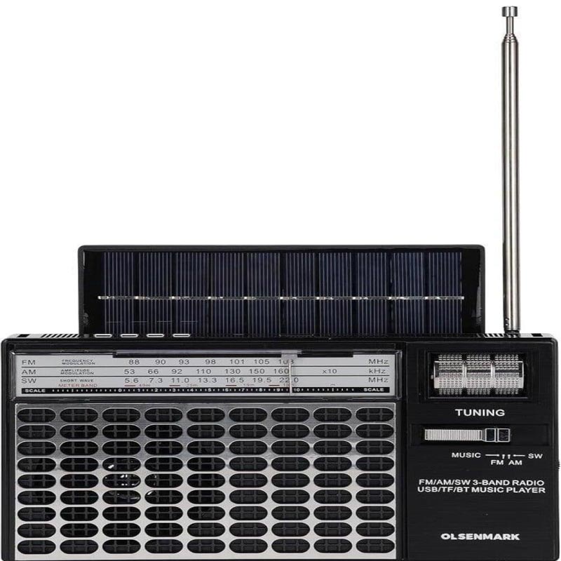 راديو محمول من أولسنمارك يعمل بالطاقة الشمسية بثلاثة نطاقات (FM/AM/SW) مع بلوتوث، USB، TF، وبطارية قابلة للشحن