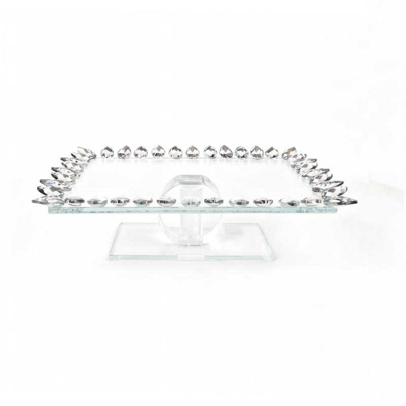 صينية تقديم فاخرة من الزجاج الشفاف بإطار مرصع بكريستالات رمادية – مقاس 30 سم طول × 20 سم عرض × 10 سم ارتفاع