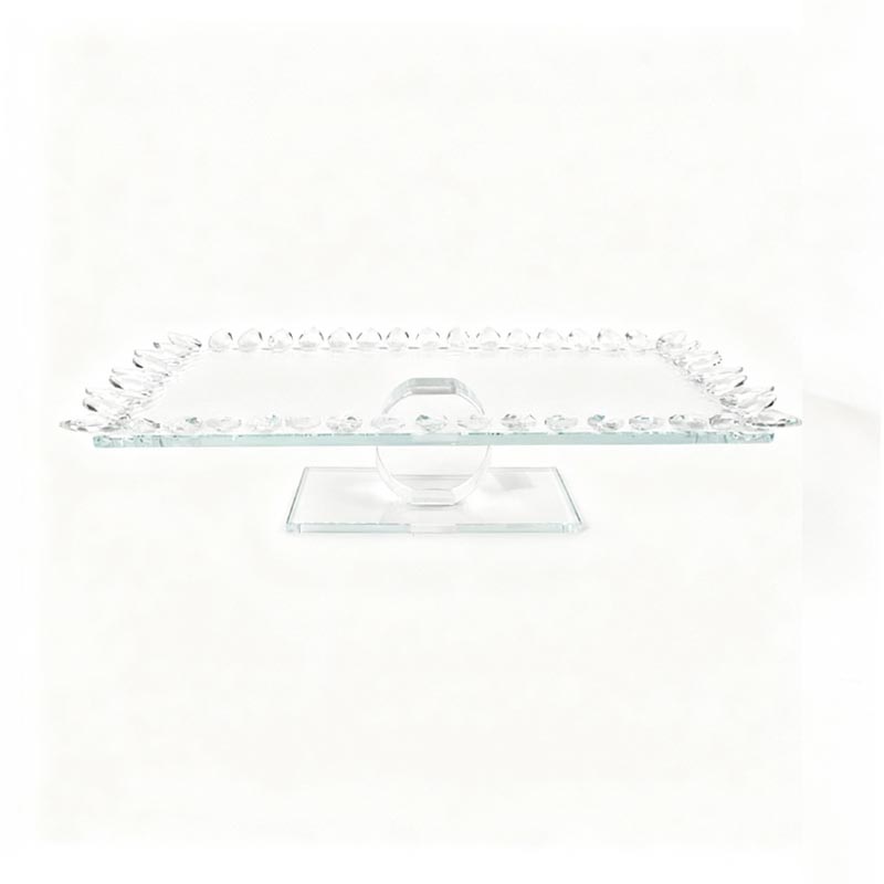 صينية تقديم فاخرة من الزجاج الشفاف بإطار مرصع بكريستالات شفافة – مقاس 40 سم طول × 20 سم عرض × 10 سم ارتفاع