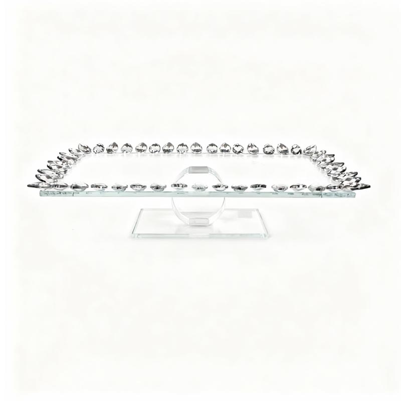 صينية تقديم فاخرة من الزجاج الشفاف بإطار مرصع بكريستالات رمادية – مقاس 40 سم طول × 20 سم عرض × 10 سم ارتفاع