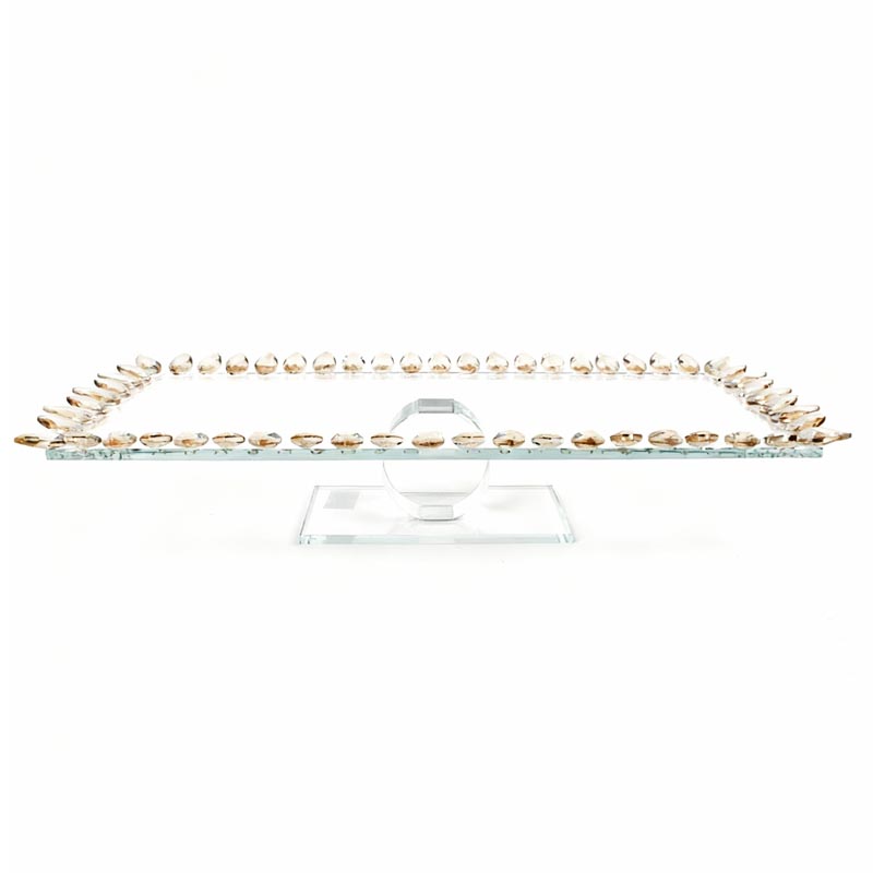 صينية تقديم فاخرة من الزجاج الشفاف بإطار مرصع بكريستالات ذهبية – مقاس 50 سم طول × 20 سم عرض × 10 سم ارتفاع