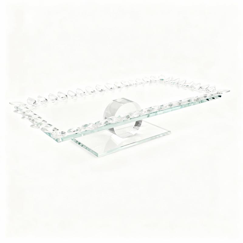 صينية تقديم فاخرة من الزجاج الشفاف بإطار مرصع بكريستالات شفافة – مقاس 50 سم طول × 20 سم عرض × 10 سم ارتفاع