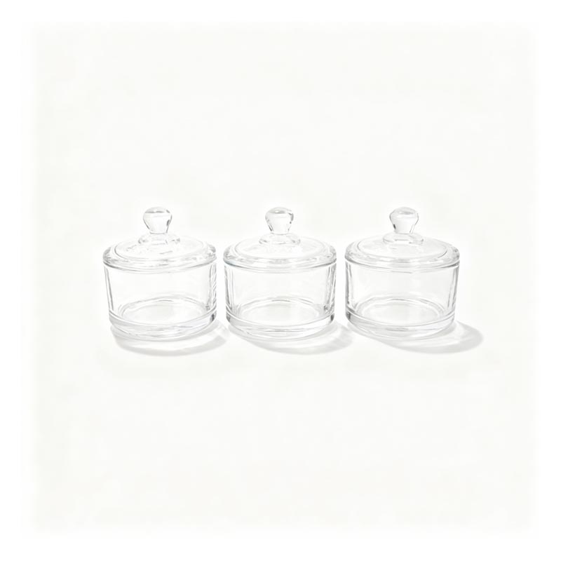 طقم سكرية زجاج شفاف 3 حبات مع أغطية زجاجية محكمة – قطر كل واحدة 6 سم وارتفاع 3 سم