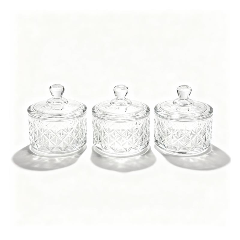 طقم سكرية زجاج شفاف 3 حبات مع أغطية زجاجية محكمة – قطر كل واحدة 6 سم وارتفاع 3 سم