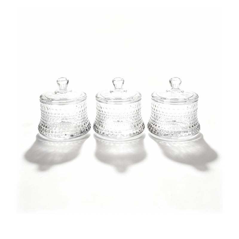 طقم سكرية زجاج شفاف 3 حبات مع أغطية زجاجية محكمة – قطر كل واحدة 6 سم وارتفاع 4.5 سم