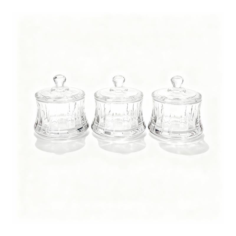 طقم سكرية زجاج شفاف 3 حبات مع أغطية زجاجية محكمة – قطر كل واحدة 6 سم وارتفاع 4.5 سم