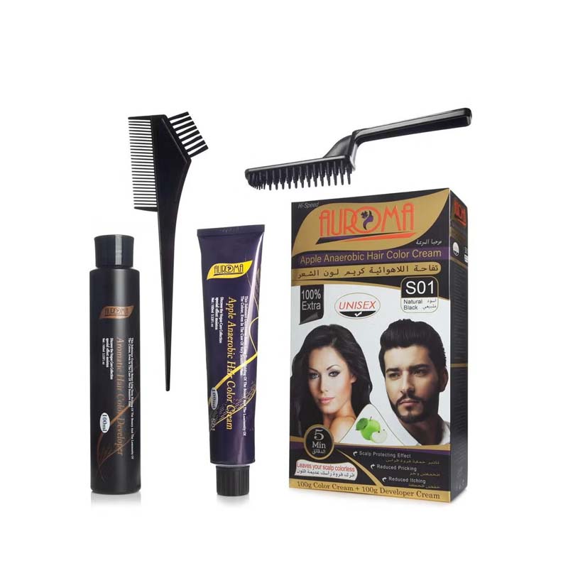كريم تلوين الشعر تفاحة لاهوائي من اوروما – لون اسود طبيعي، يحتوي على 100 جم من كريم اللون + 100 جم من كريم المظهر + 2 مشط مخصصة للصبغة