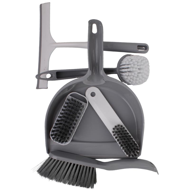 طقم أدوات تنظيف منزلي مكون من جاروف ومقشة، فرشتين تنظيف، ممسحة زجاج، وفرشة تنظيف بعصا – 6 قطع عملية متكاملة