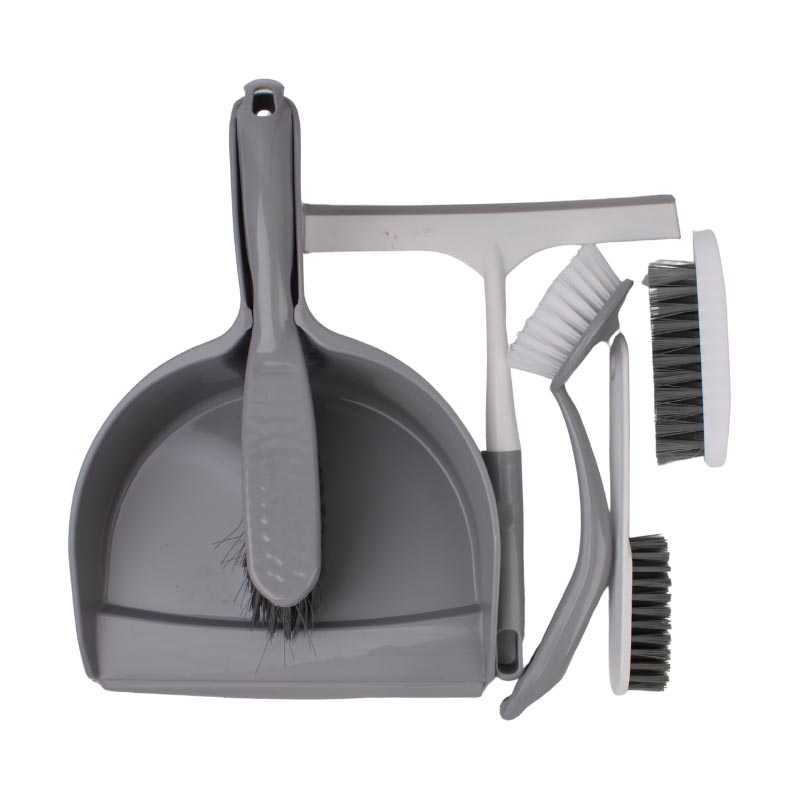 طقم أدوات تنظيف منزلي مكون من جاروف ومقشة، فرشتين تنظيف، ممسحة زجاج، وفرشة تنظيف بعصا – 6 قطع عملية متكاملة