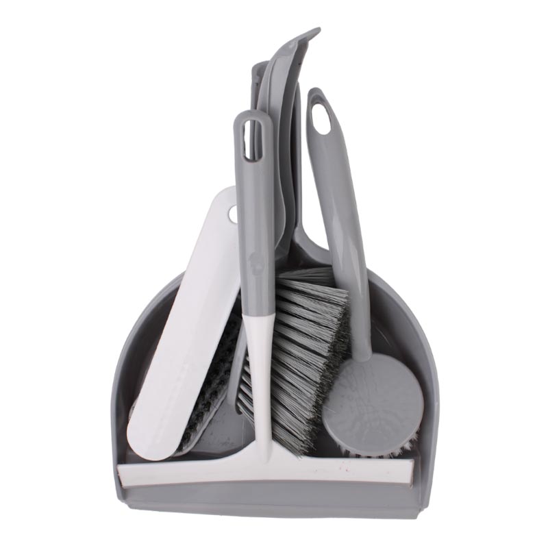 طقم أدوات تنظيف منزلي مكون من جاروف ومقشة، فرشتين تنظيف، ممسحة زجاج، وفرشة تنظيف بعصا – 6 قطع عملية متكاملة