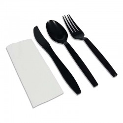 حزمة طقم أدوات طعام بلاستيك – 10 اكياس (ملعقة + شوكة + سكين + منديل)