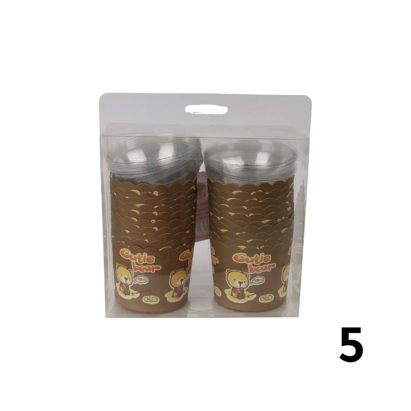 حزمة اكواب كب كيك ورقية بغطاء بلاستيك شفاف – تحتوي على 20 كوب ورقي و20 غطاء بلاستيك، قطر الكوب 6 سم وعمقه 5 سم