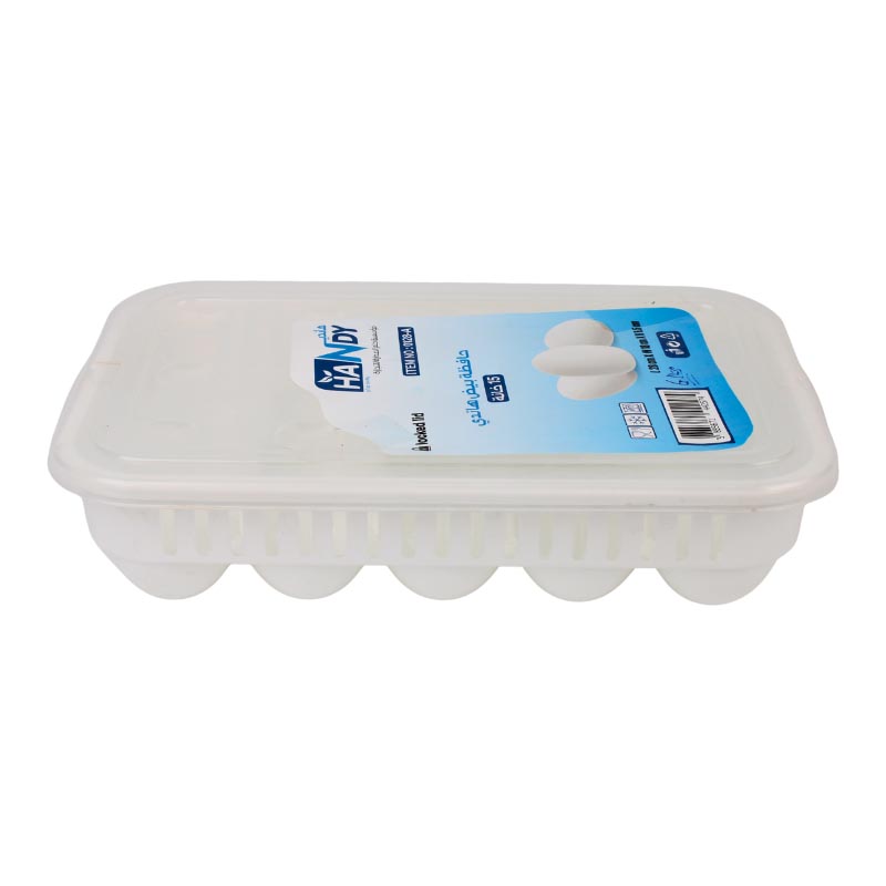 حافظة بيض بلاستيك بغطاء شفاف | 15 خانة | مقاس 28×18×6.5 سم