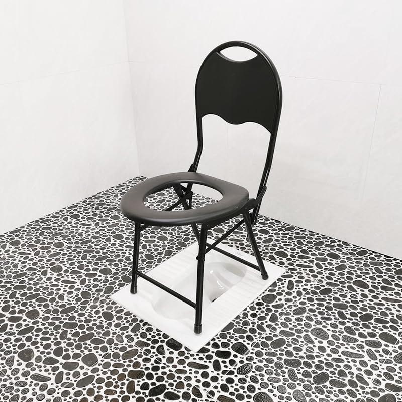 كرسي حمام اسود قابل للطي للاستخدام فوق الحمام العربي | هيكل معدني ومقعد بلاستيك بفتحة مريحة