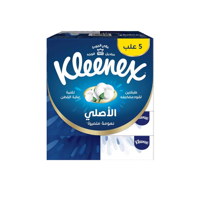 مناديل كلينكس للوجه – كرتون يحتوي على 6 حزم، كل حزمة تضم 5 علب، وكل علبة تحتوي 70 منديل مزدوج الطبقة