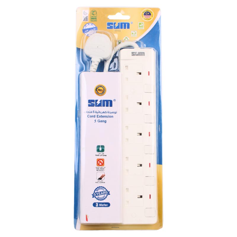 توصيلة كهربائية 5 فتحات فيش ثلاثي مع مفاتيح تشغيل فردية | مواد مقاومة للحريق | سلك 3 متر | 230 فولت – 13 امبير – 2990 واط | صنع في ماليزيا | 5 سنوات ضمان