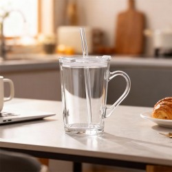 كوب زجاج بغطاء اكريلك ومزاز زجاج 350 مل