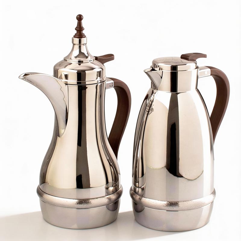 زهوة طقم ترمس قهوة وشاي كروم بيد خشبية