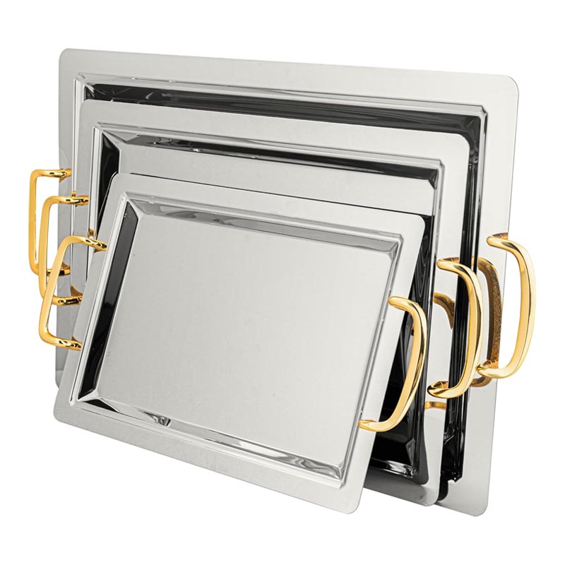 طقم صواني تقديم مستطيلة مع مقابض جانبية نيكل وذهبي – مجموعة 3 قطع