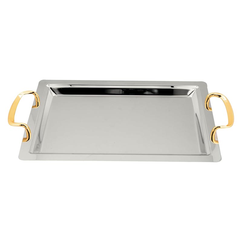 طقم صواني تقديم مستطيلة مع مقابض جانبية نيكل وذهبي – مجموعة 3 قطع
