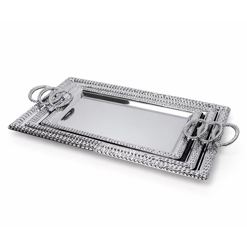 طقم صواني تقديم مستطيلة مع مقابض جانبية نيكل سادة – مجموعة 3 قطع