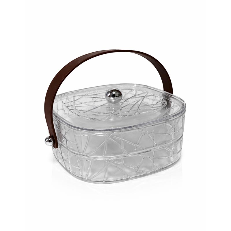 علبة مكسرات اكريلك مربعة مع غطى شفاف ومقبض جلد مقاس 22*22 سم بطبقتين