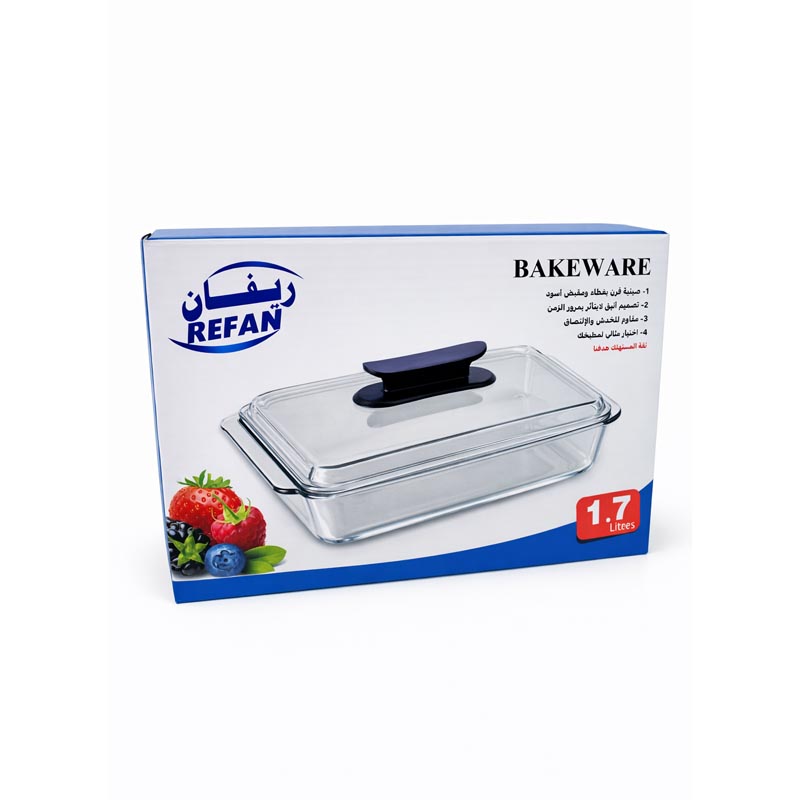 صينية فرن زجاج بايروكس مستطيلة بسعة 1.7 لتر مع غطاء ومقبض اسود للاستخدام اليومي صينية فرن زجاج بايروكس مستطيلة بسعة 1.7 لتر مع غطاء ومقبض اسود للاستخدام اليومي