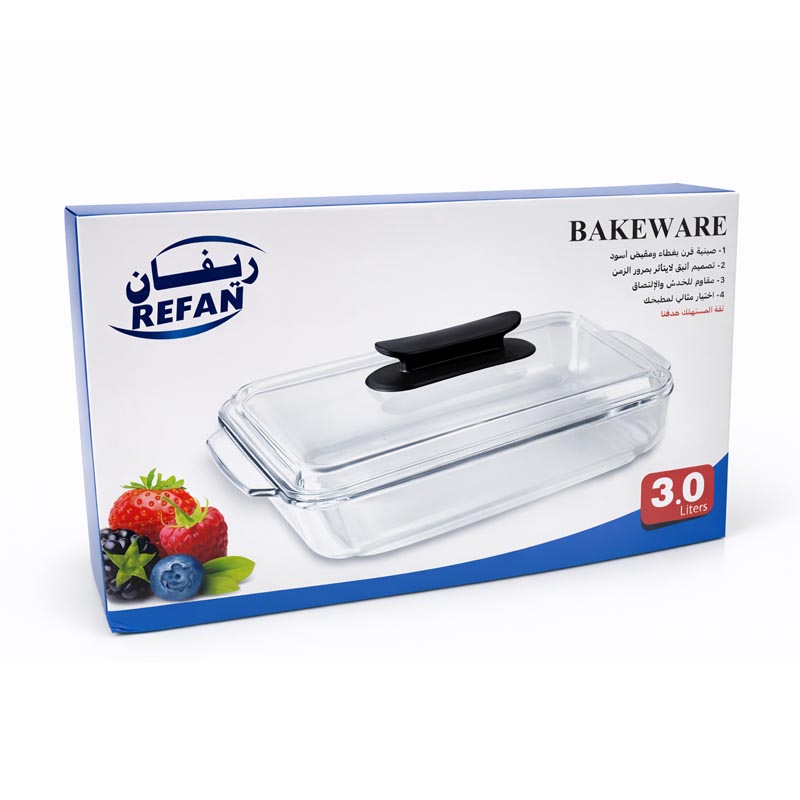 صينية فرن زجاج بايروكس مستطيلة بسعة 3 لتر مع غطاء ومقبض اسود للاستخدام اليومي صينية فرن زجاج بايروكس مستطيلة بسعة 3 لتر مع غطاء ومقبض اسود للاستخدام اليومي