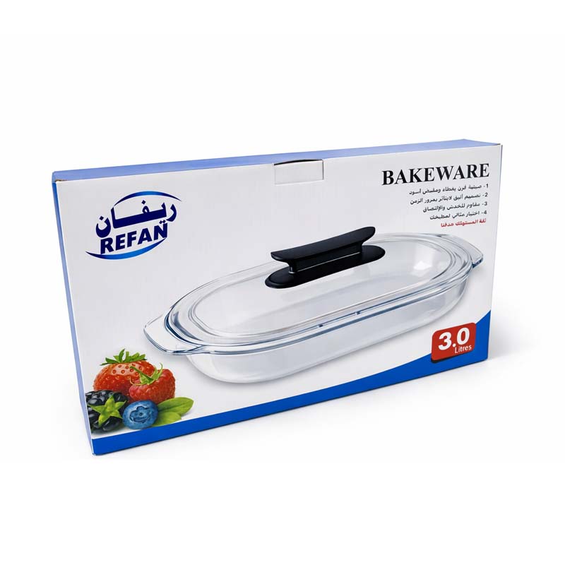 صينية فرن زجاج بايروكس بيضاوية بسعة 3 لتر مع غطاء ومقبض اسود للاستخدام اليومي صينية فرن زجاج بايروكس بيضاوية بسعة 3 لتر مع غطاء ومقبض اسود للاستخدام اليومي