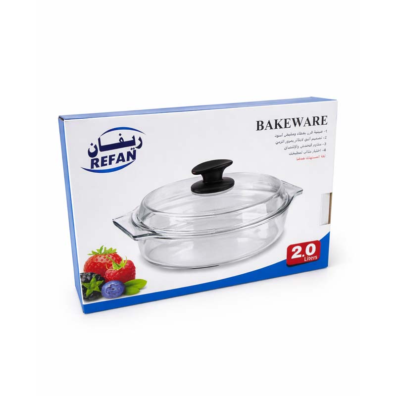 صينية فرن زجاج بايروكس دائرية بسعة 2 لتر مع غطاء ومقبض اسود للاستخدام اليومي