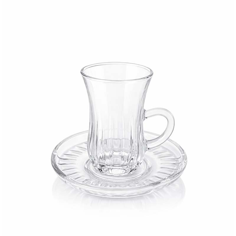 طقم بيالات شاي زجاج مع صحون عدد 6 بيالة و6 صحون بجودة عالية للتقديم