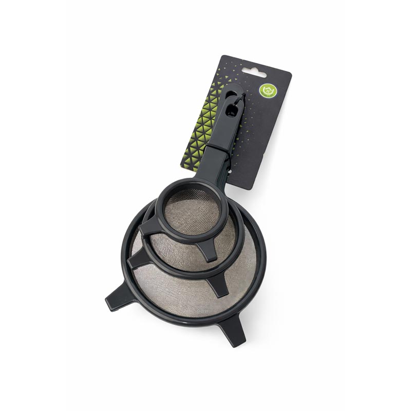 طقم مصفى استيل دقيق مع يد بلاستيك 3 مقاسات 7 و10 و14 سم مزود بخطاف تثبيت