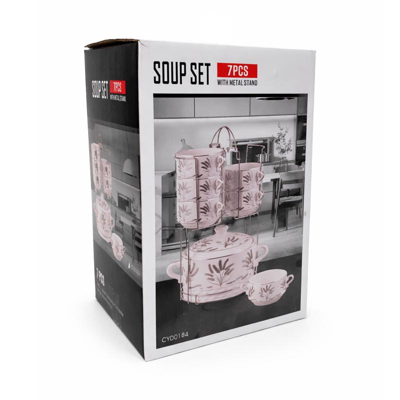 طقم شوربة سيراميك 7 قطع وعاء بغطاء سعة تقريبية 2 لتر مع 6 زبدية وستاند تنظيم استيل