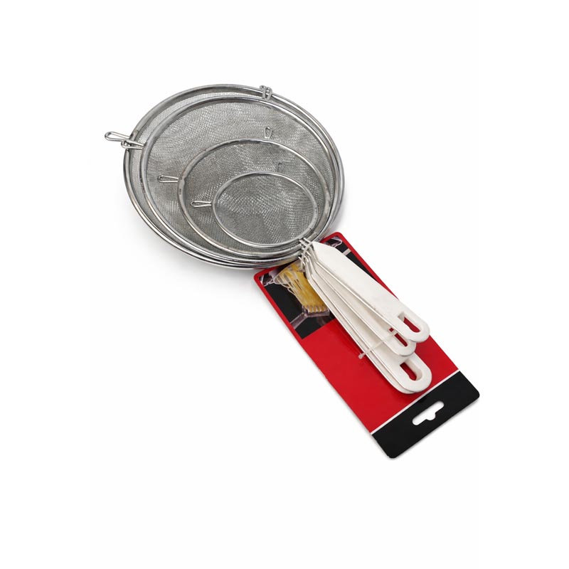 طقم مصفى استيل دقيق مع يد بلاستيك – 4 مقاسات 10 و14 و18 و20 سم مزود بخطاف تثبيت طقم مصفى استيل دقيق مع يد بلاستيك – 4 مقاسات 10 و14 و18 و20 سم مزود بخطاف تثبيت