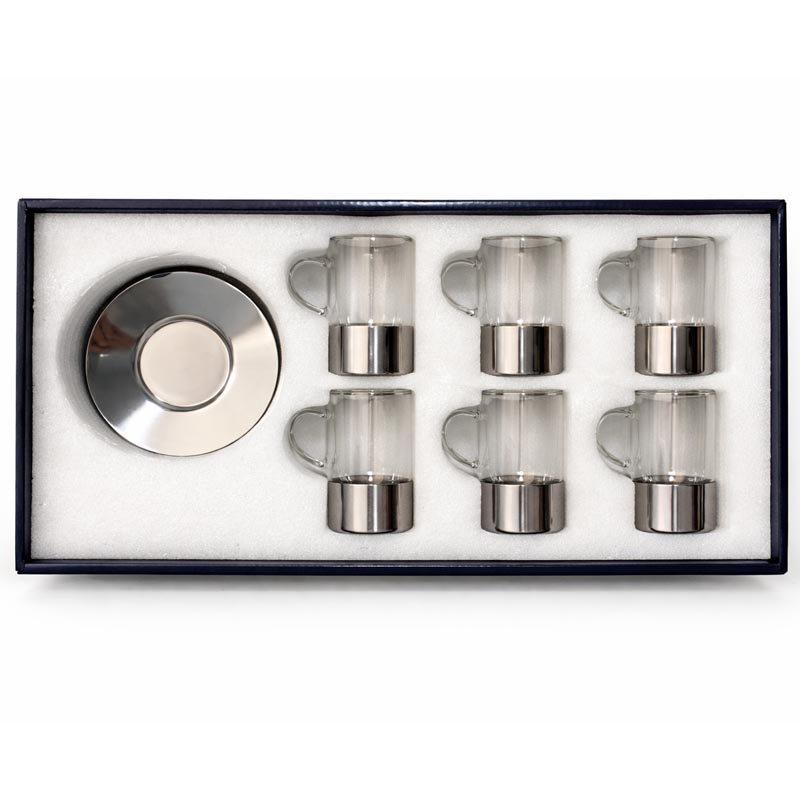 طقم بيالة شاي زجاج بقاعدة استيل مع صحن استيل – 12 قطعة طقم بيالة شاي زجاج بقاعدة استيل مع صحن استيل – 12 قطعة