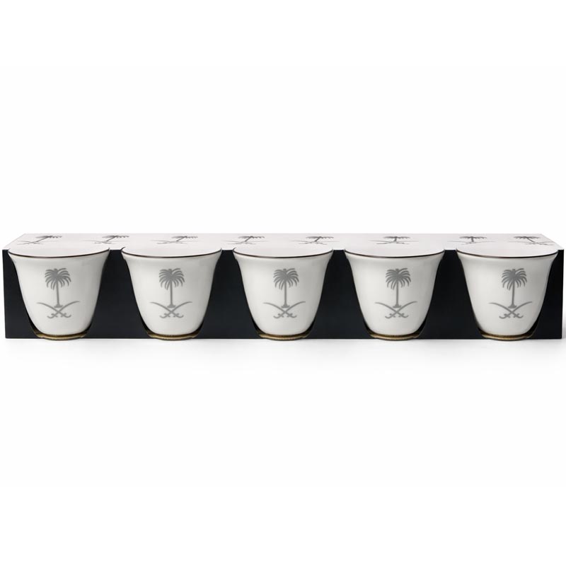 طقم فناجيل قهوة 5 حبات بتصميم ابيض سيف ونخلة