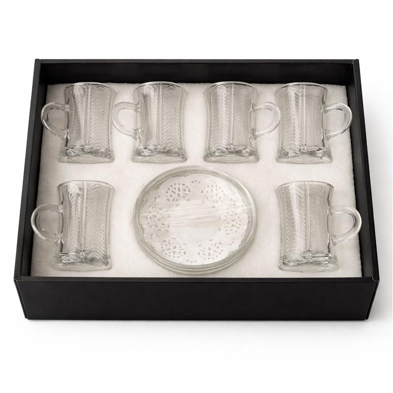 طقم بيالات شاي زجاج مع صحون – 6 حبات – سعة 90 مل طقم بيالات شاي زجاج مع صحون – 6 حبات – سعة 90 مل