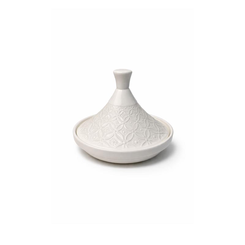 تمرية سيراميك ابيض مقاس 12 سم بغطاء مخروطي مزخرف تمرية سيراميك ابيض مقاس 12 سم بغطاء مخروطي مزخرف