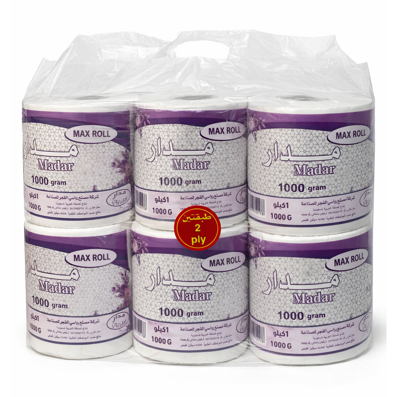 مدار ماكس رول مناديل طبقتين حزمة 6 رول وزن 1 كيلو لكل رول (طول تقريبي 300 متر لكل رول)