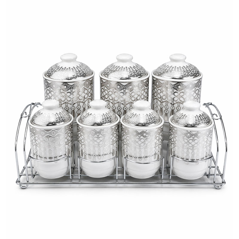 طقم علب توابل 7 حبات سيراميك مع ستاند استيل لتنظيم المطبخ