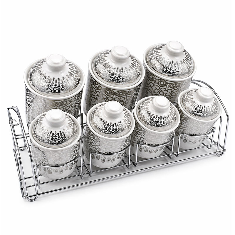 طقم علب توابل 7 حبات سيراميك مع ستاند استيل لتنظيم المطبخ