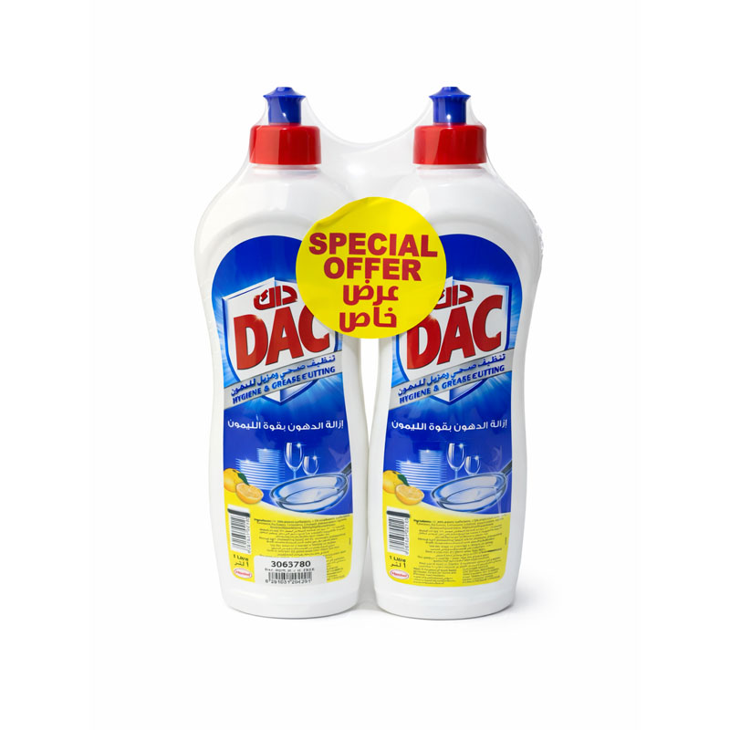 داك منظف صحون سائل 1+1 لتر بقوة الليمون لتنظيف صحي وازالة الدهون
