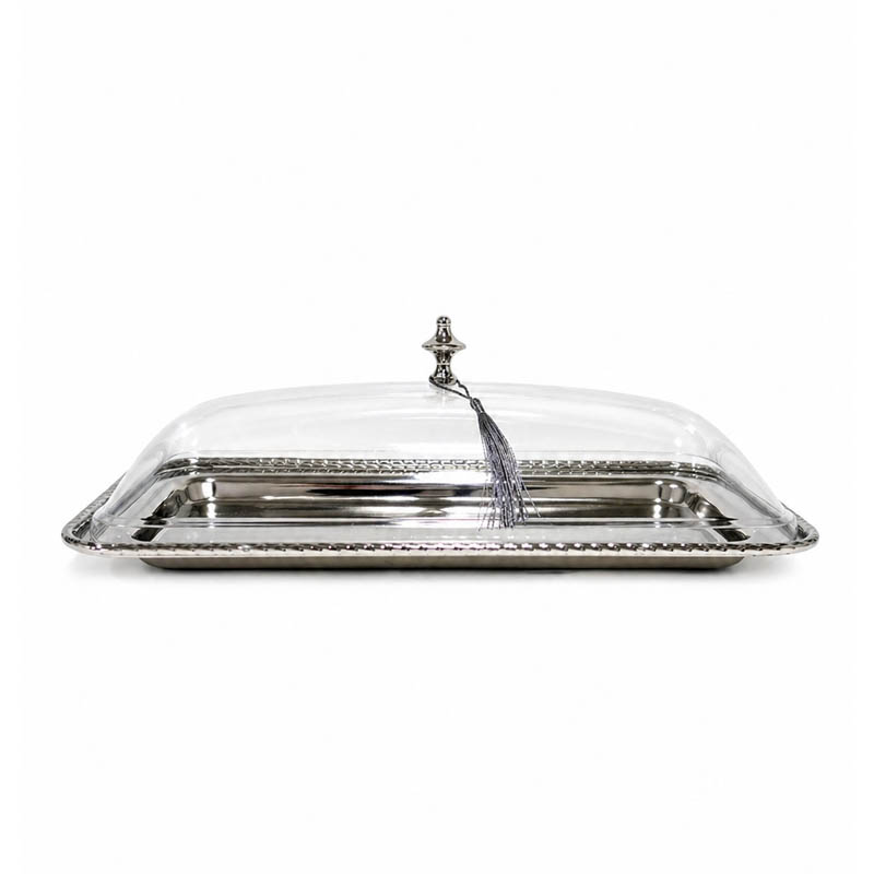 صينية تقديم استيل مستطيلة بغطاء شفاف | 40 × 20 سم - ارتفاع 4 سم