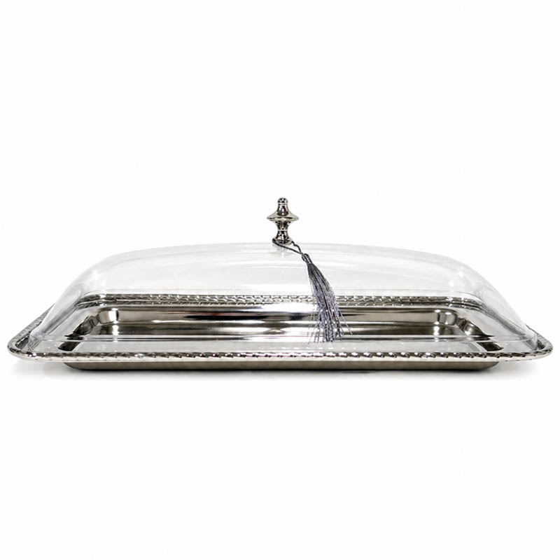 صينية تقديم استيل مستطيلة بغطاء شفاف | 45 × 20 سم - ارتفاع 4 سم