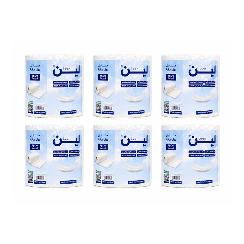 مناديل رول ورقية من لين 1500 قطعة | كرتون يحتوي على 6 حبات
