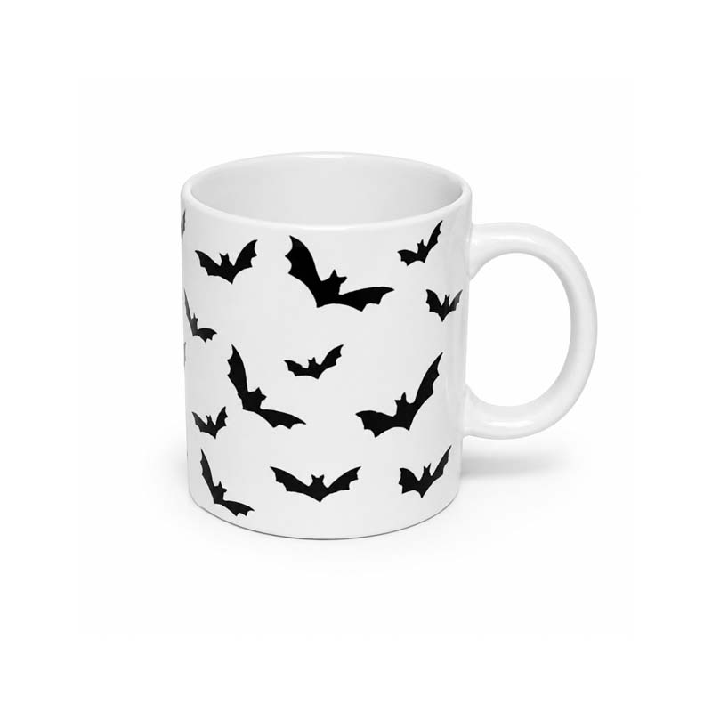 White Ceramic Mug with Black Bat Pattern