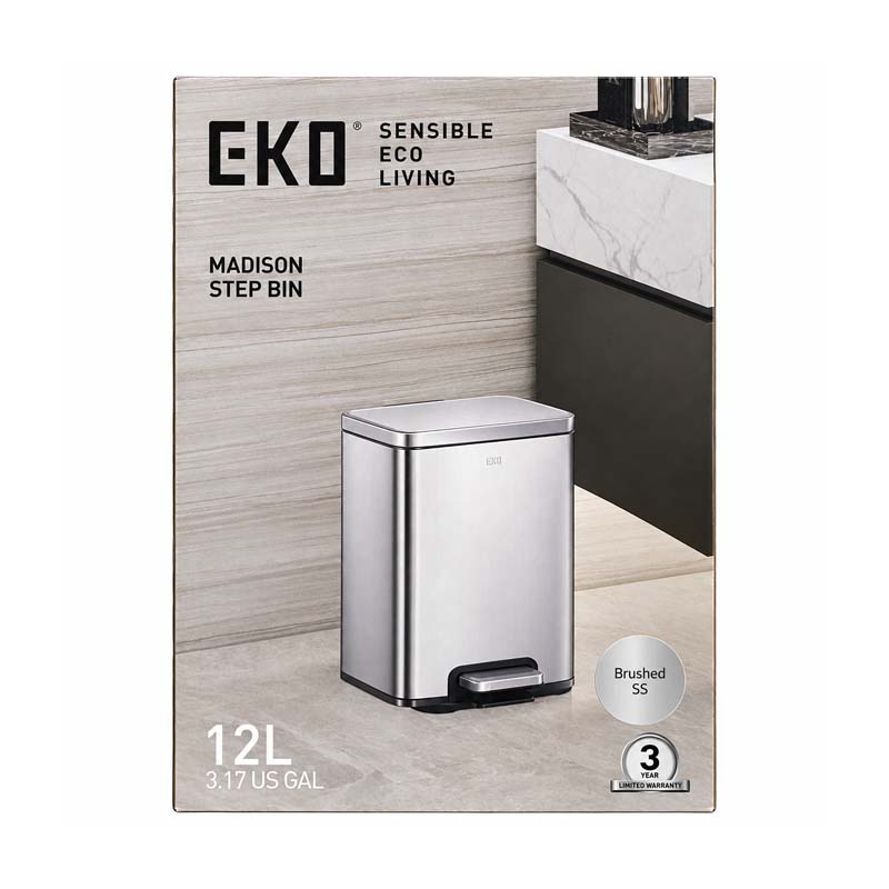 سلة نفايات EKO Madison بدواسة واغلاق هادئ - ستانلس ستيل - سعة  لتر - 24.7 × 24.4 × 34 سم